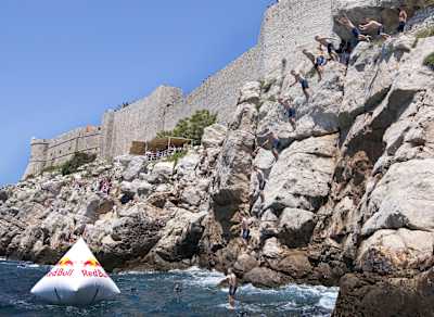 Orlando Duque oversees comedian Oliver Pocher diving from a cliff in Dubrovnik, Croatia.