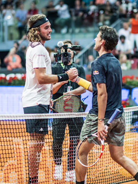 Dominic Thiem and Stefanos Tsitsipas as seen at the end of their match at Red Bull Bassline in Madrid, Spain on April 25, 2023.