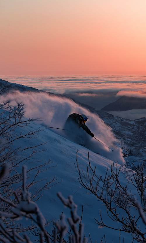 Fabian Lentsch skis during sunrise in Jennat Rudbar, Iran on March 15, 2020.