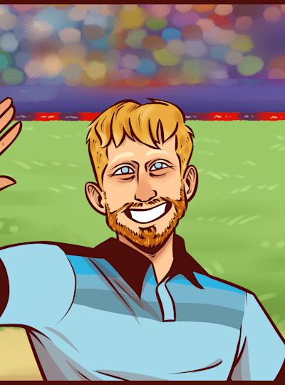 An illustration of Ben Stokes becominh Player of the Match in the 2019 Cricket World Cup final as he scored 84 not out and England won the trophy on home soil against New Zealand.