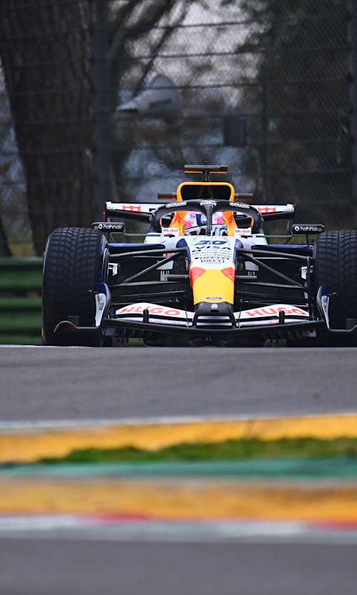 Liam Lawson drives the Visa Cash App Racing Bulls car at the 2026 Winter Filming Day in Imola, Italy.