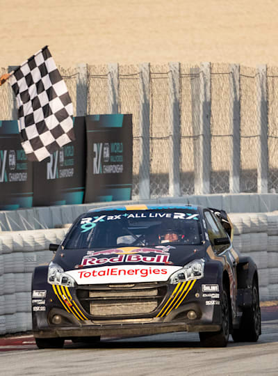 Kevin Hansen takes the chequered flag at the World RX of Spain, sealing a one-two for Team Hansen on July 24, 2021 in Barcelona, Spain.