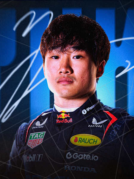 Yuki Tsunoda on a dark background, with his signature behind him, announcing his move into the ORBR - Oracle Red Bull Racing – seat for 2025