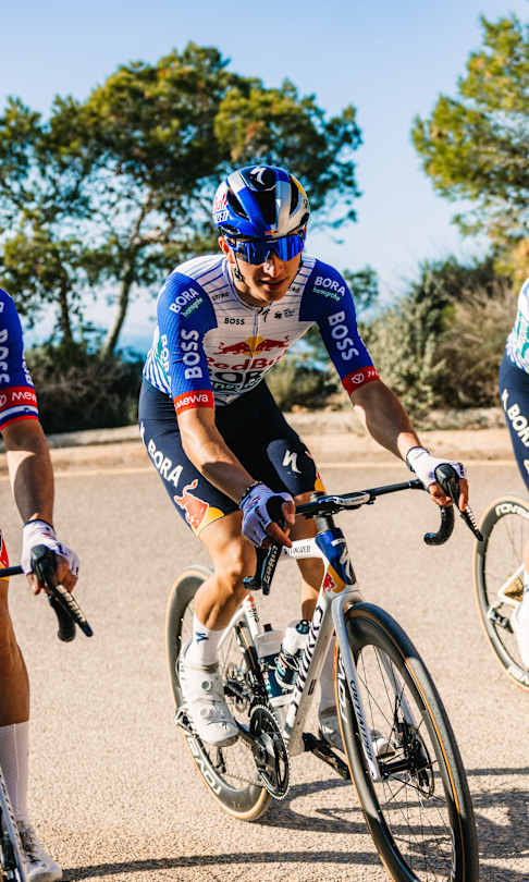 Primož Roglič, Florian Lipowitz and Remco Evenepoel ride for Red Bull - BORA - hansgrohe during their 2025 pre-season training session in sunny Palma de Mallorca, Spain.