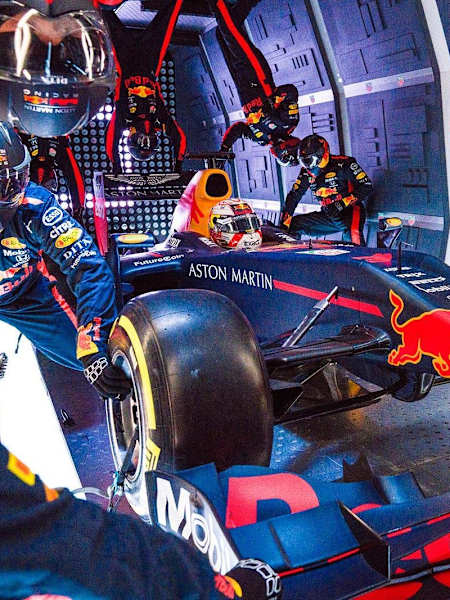 Red Bull Racing's Zero-G pit stop inside the hull of a plane.