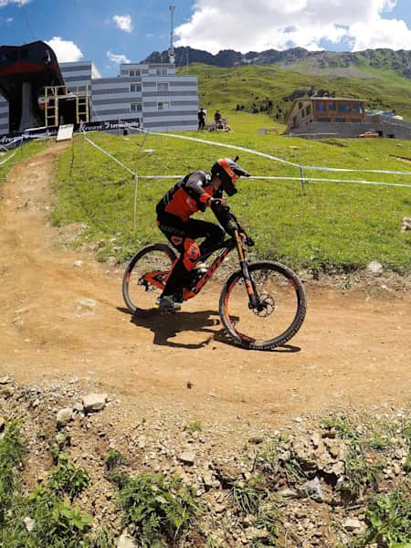 Claudio Caluori takes part in his Lenzerheide GoPro Course run at Rd5 of the UCI DH World Cup in Lenzerheide, Switzerland on July 5, 2017.