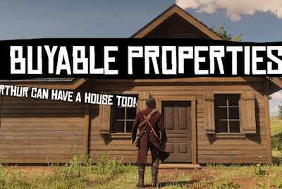 Imagen del mod Buyable Properties de Read Dead Redemption 2 muestra a Arthur Morgan delante de una casa.
