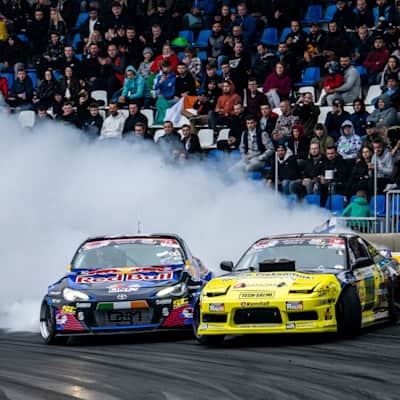Conor Shanahan of Ireland and Lauri Heinonen of Finland seen during the Drift Masters European Championship in Łódź, Poland on October 1, 2022.