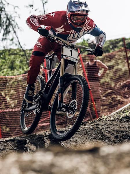 Aaron Gwin riding during the Leogang round of the MTB World Cup on June 14th, 2015.