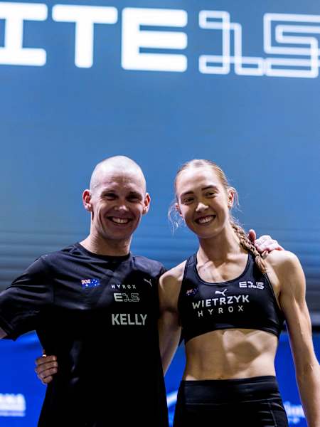 James Kelly and Joanna Wietrzyk seen during the Elite 15 at the Hyrox Major in Hong Kong on November 22, 2024. 