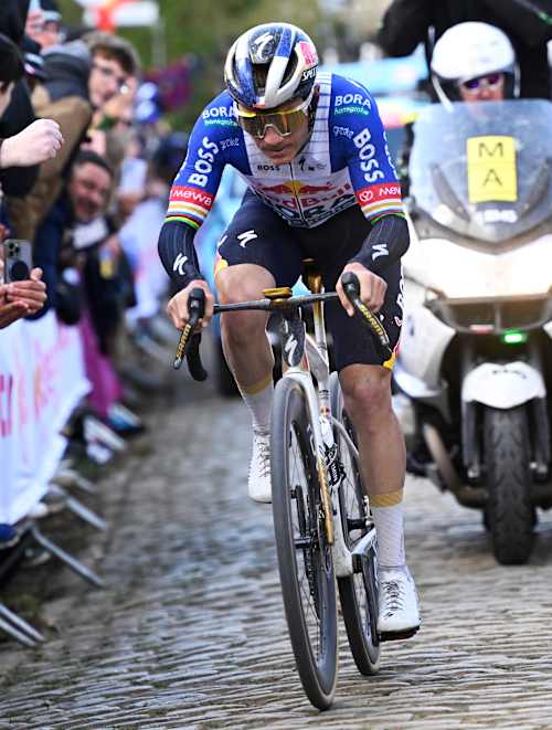 Red Bull BORA hansgrohe's Remco Evenepoel battles his way up the cobbled climb in Oudenaarde during the 110th Tour of Flanders Ronde van Vlaanderen 2026 men's elite race in Belgium