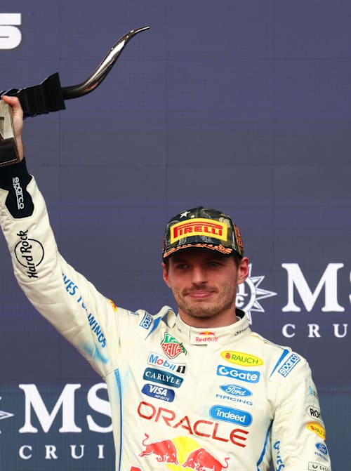 Third placed Max Verstappen of Oracle Red Bull Racing celebrates on the podium during the United States Grand Prix at Circuit of the Americas. 