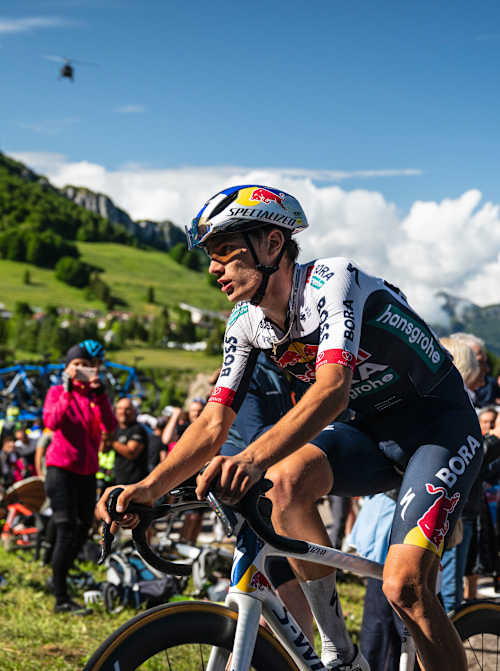 Giulio Pellizzari of Red Bull Bora Hansgrohe performs during Giro di Italia in San Valentino, Italy on May 27, 2025.
