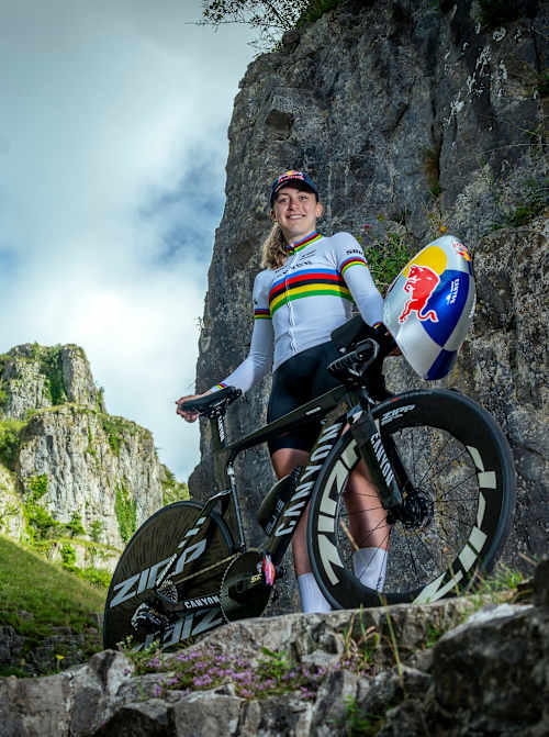 Zoe Bäckstedt poses with her Canyon bike among the dramatic cliffs of Cheddar Gorge in the United Kingdom. 