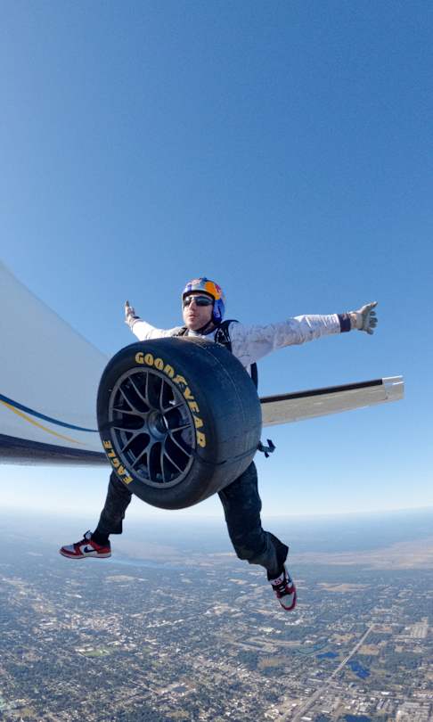 Luke Aikins and Andy Farrington skydives with tyres in Deland, FL, USA on January 10, 2025.