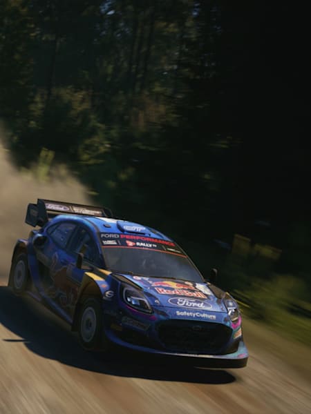 A screenshot of the Ford Puma Hybrid Rally1 in action in EA SPORTS™️ WRC.