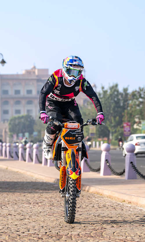 Robbie Maddison performs on the Rajasthan Vidhan Sabha Road in Jaipur, India on March 4, 2022.  