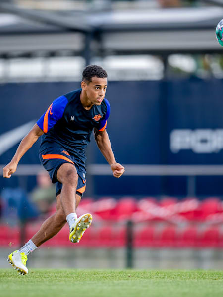 Eye on the ball: Tyler Adams during training