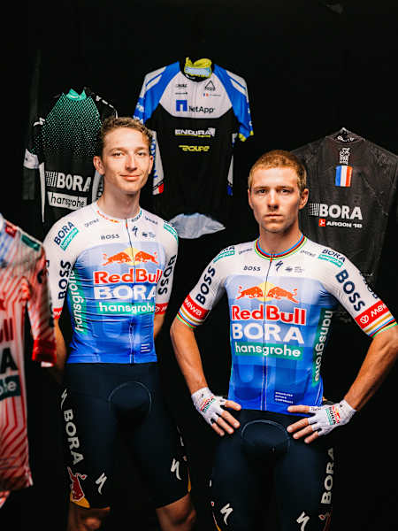 Remco Evenepoel and Florian Lipowitz of Red Bull – BORA – hansgrohe showcase their striking 2026 Tour de France jerseys during a photoshoot in Sierra Nevada, Spain.