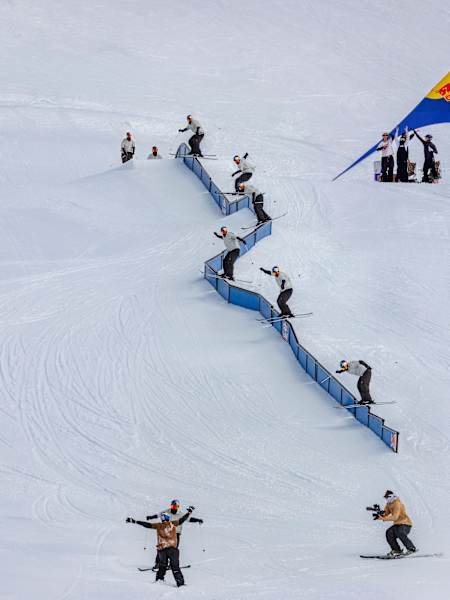Jesper Tjader grinding during a shoot in Sunshine Village Ski Resort, Alberta, Canada.