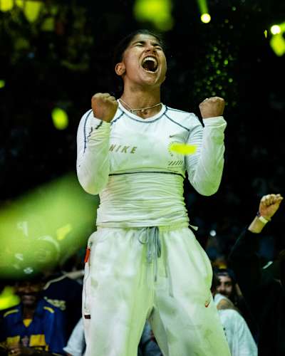 B-Girl India celebrates winning the Red Bull BC One World Final in Rio de Janeiro, Brazil on December 7, 2024.
