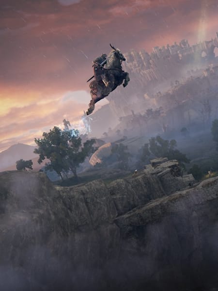 Der Held springt auf seinem Pferd über einen großen Abrgrund