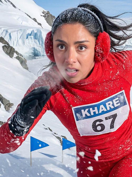 Michelle Khare runs up a steep incline for the coldest part of filming for her show The Great World Race