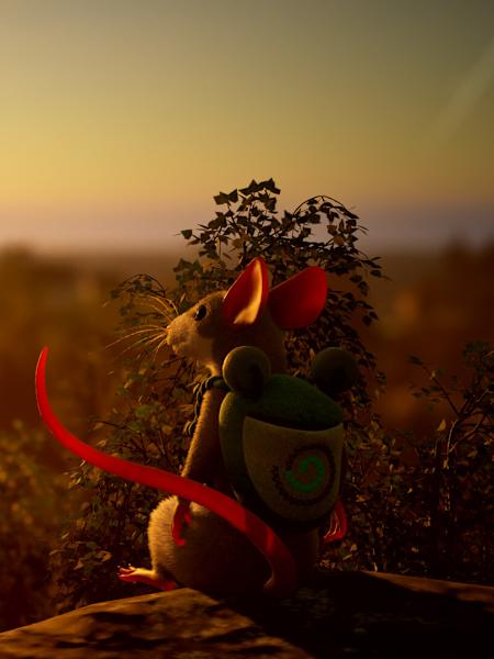 Screenshot aus Hela zeigt eine Maus, die auf einem Stein sitzend die untergehende Sonne bestaunt.