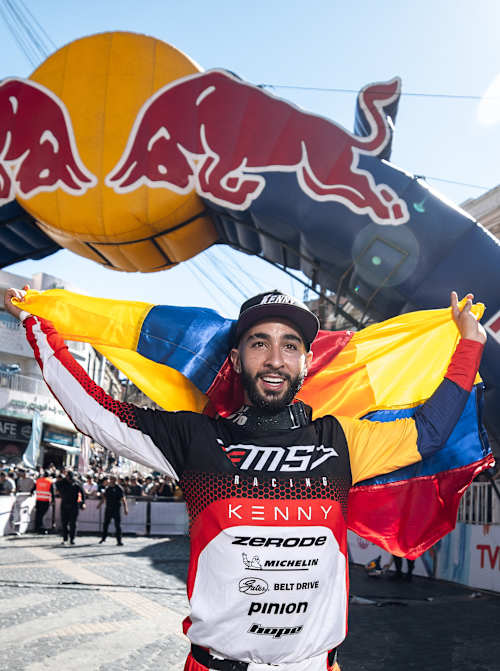 Sebastian Holguín celebrates winning Red Bull Valparaiso Cerro Abajo 2026 in Valparaiso, Chile. 