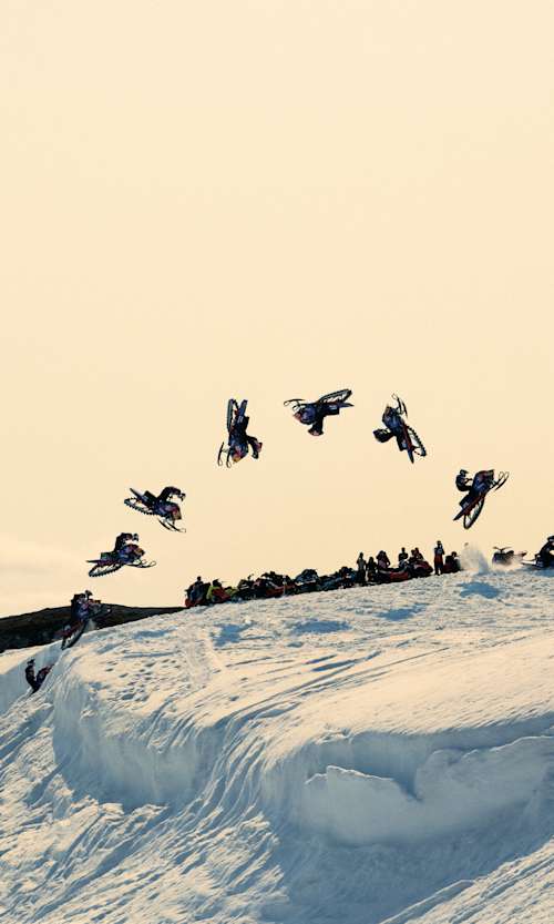 Andreas Bergmark performs the worlds first frontflip on a skidoo in Riksgränsen, Sweden on May 22, 2023. 