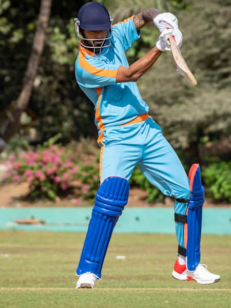 Indian cricket team batsman KL Rahul plays a shot during a training session.
