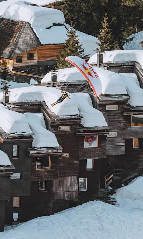 Valentin Delluc speedrides on rooftop in Avoriaz, France on March 23, 2021.