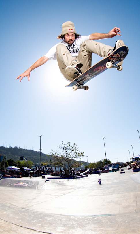 Torey Pudwill showcases a stunning backside kickflip at the Red Bull Drop In Tour in Florianopolis, Brazil, on 29th September 2024, captivating the energy of the skateboarding crowd