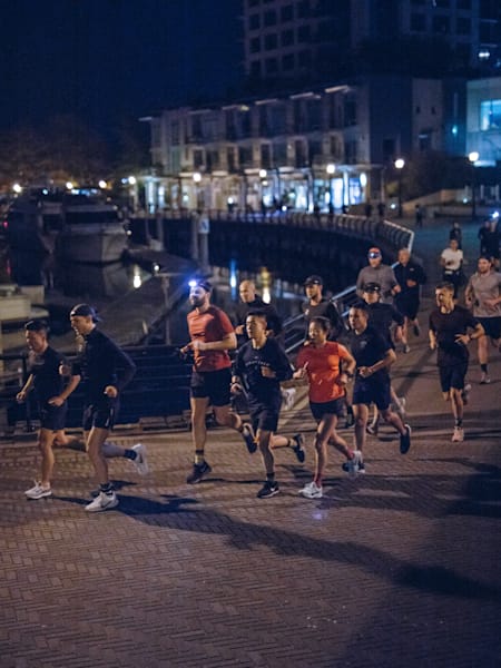 Participants running the Wings for Life World Run in Vancouver, Canada in 2019, led by Andrew Cho.