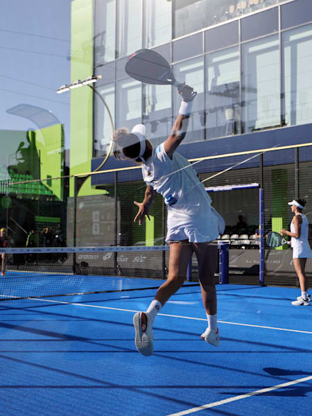Bea Gonzalez and Delfi Brea in action at the Premier Padel tournament in Riyadh, Saudi Arabia on February 29, 2024.