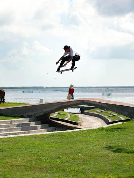 Jordan Trahan skiing the previously closed-off city of Jaffna in Sri Lanka, which was subject to a 25 year civil war