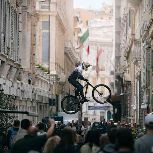 Tomáš Slavík performs during the Red Bull Cerro Abajo video stunt in Genova, Italy, on May 16, 2024