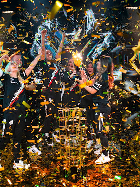 G2 Gozen celebrate victory at the VALORANT Game Changers Championship Finals Stage on November 20, 2022 in Berlin, Germany.