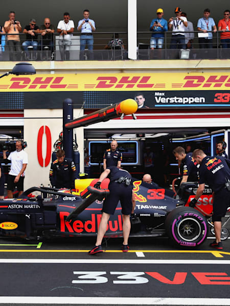 Max Verstappen driving the (33) Aston Martin Red Bull Racing RB14 TAG Heuer stops in the Pitlane during qualifying for the Formula One Grand Prix of France on June 23, 2018 in Le Castellet, France.