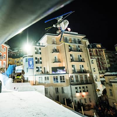 The venue for Red Bull PlayStreets 2023: the snowy town centre of Gastein, Austria, at night.