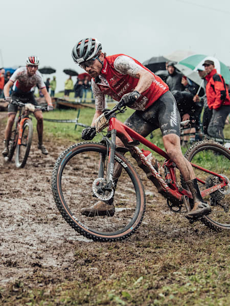Mathias Flückiger and Ondrej Cink race during finals at the UCI MTB Cross-Country World Cup at Les Gets, France, on July 4, 2021.