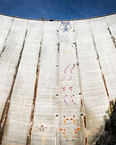 Verzasca Dam, Switzerland, the venue of Red Bull Dual Ascent, from from the bottom to the top