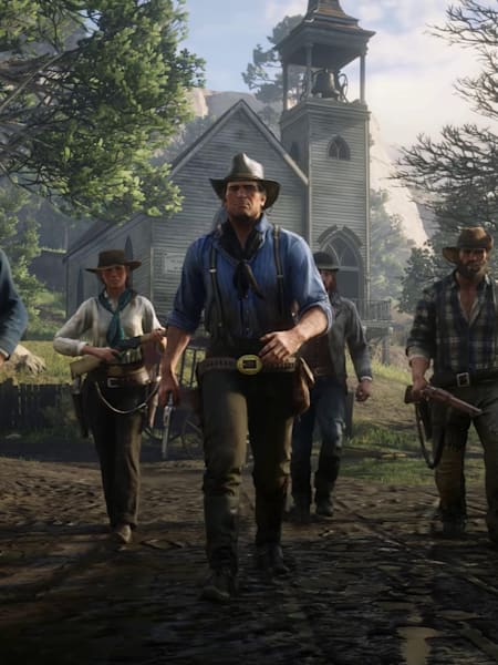A promotional screenshot of the Van der Linde gang in Red Dead Redemption 2