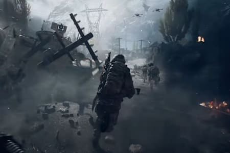 Des soldats avancent dans un paysage ravagé, entre débris, fumée et explosions, illustrant la richesse visuelle et les détails graphiques de Battlefield 6.