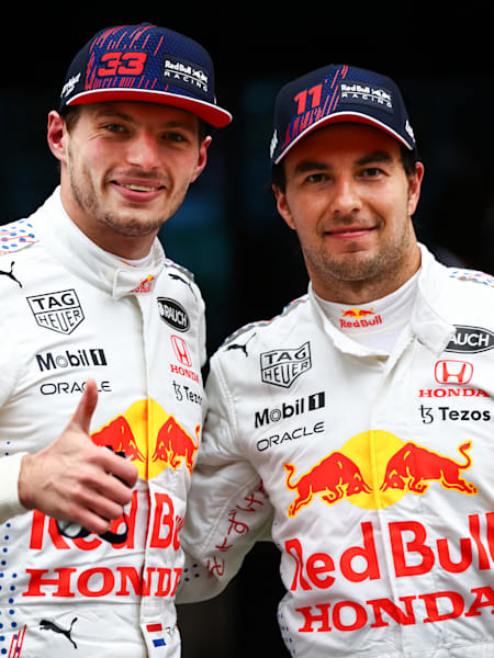 Max Verstappen and Sergio Pérez of Red Bull Racing Honda at the Turkish Grand Prix on October 10, 2021.