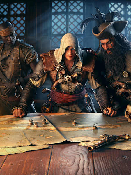Key artwork from Assassin's Creed Black Flag Resynced showing Edward Kenway, Blackbeard and others at a map table aboard the Jackdaw.