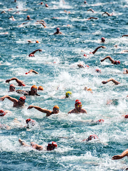 Participants take part in the Bosphorous Cross-Continental swim in Instanbul, Turkey.