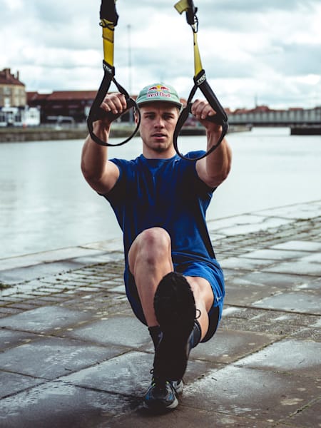 MTB pro Laurie Greenland trains with TRX in Bristol, United Kingdom on March 11, 2020.