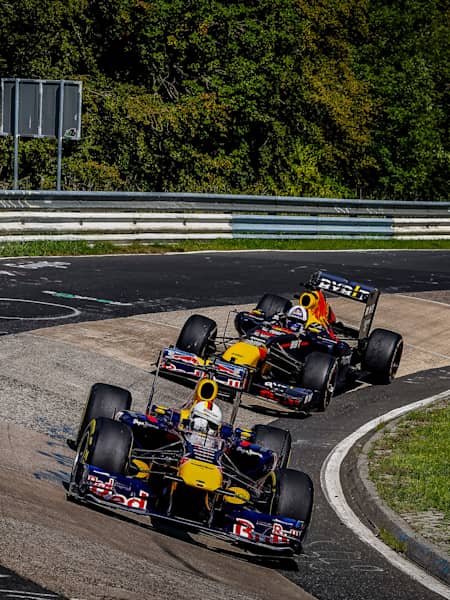 Sebastian Vettel in a Red Bull RB 7, David Coulthard in a Red Bull RB 8 seen during the Red Bull Formula Nuerburgring at the Nuerburgring in Germany on September 8, 2023. 