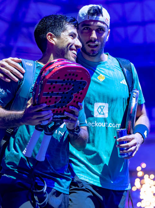 Fede Chingotto and Ale Galán make a dynamic entrance at Final Premier Padel 2025 Finals in Barcelona, Spain, capturing the vibrant energy of Red Bull on December 14, 2025